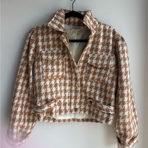 Brown and White Houndstooth Women's Cropped Jacket Bishop and Young Size Small